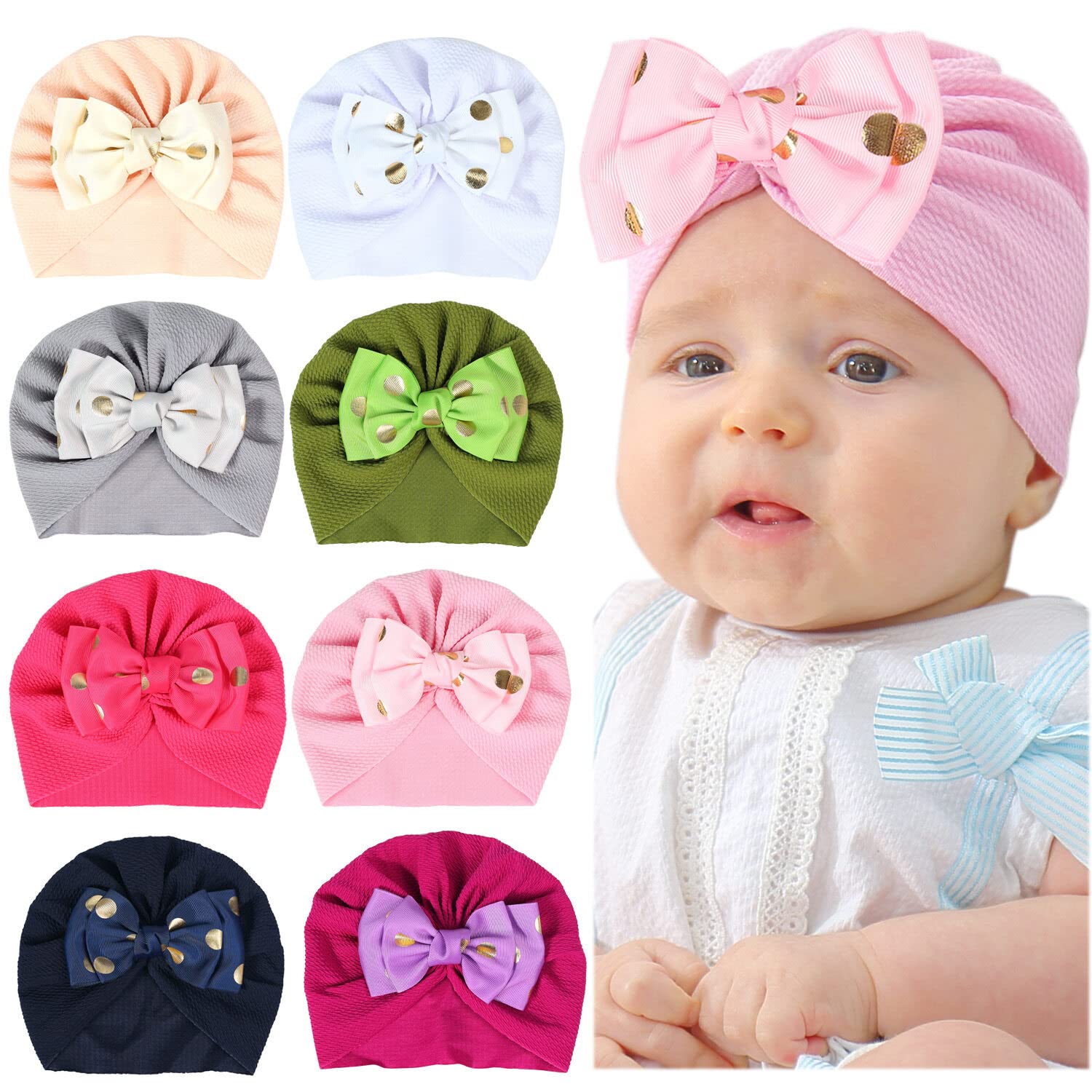 Eforcase 8PCS Cute Newborn Baby Turban Baby Girl Hats Polka Dot